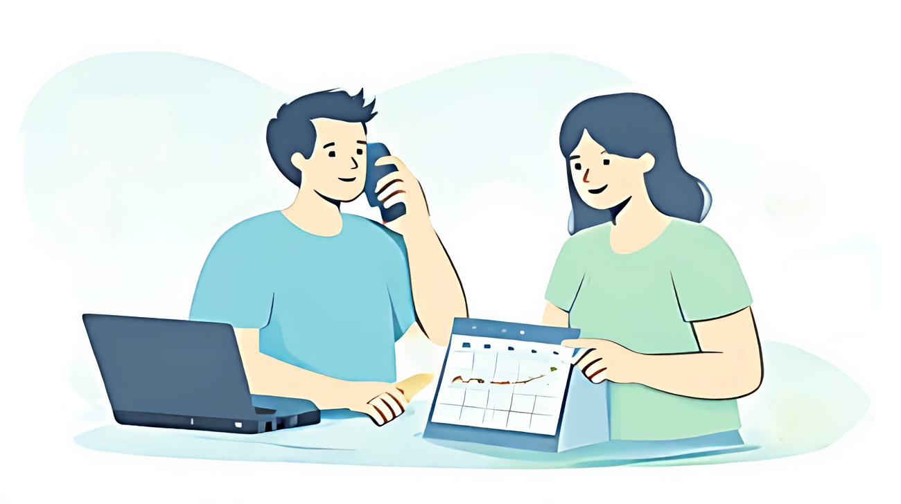 An illustration of a man and woman at a desk with a laptop and calendar. The man is speaking on the phone.