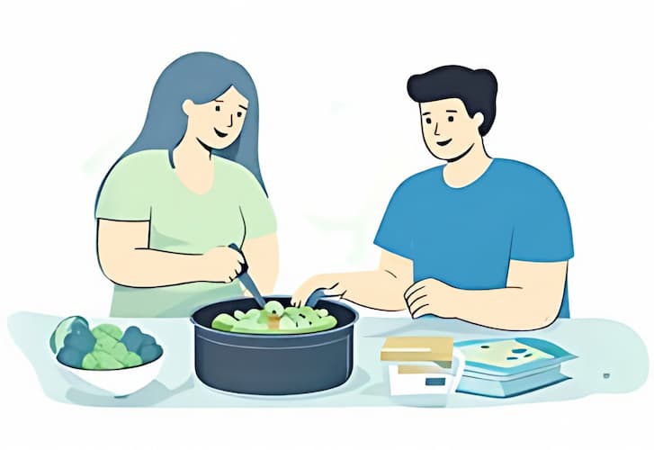 An illustration of a woman and man cooking together