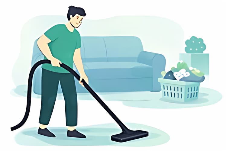 An illustration of a man vacuuming a lounge room with a couch and laundry basket visible in the background