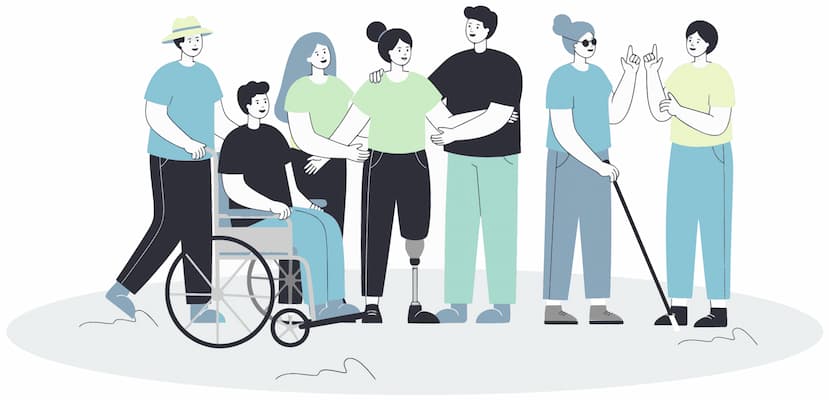 An illustration of a group of people, including a man in a wheelchair, a woman with a prosthetic leg, and a blind woman